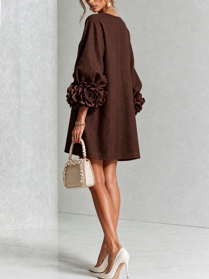 Bruna | Linen Blend Mini Dress with Pink Cuffs in Chocolate