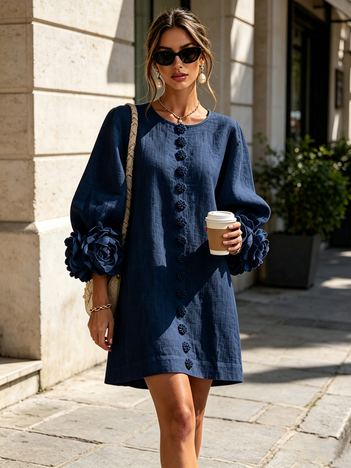 Marina | Linen Blend Mini Dress with Pink Cuffs