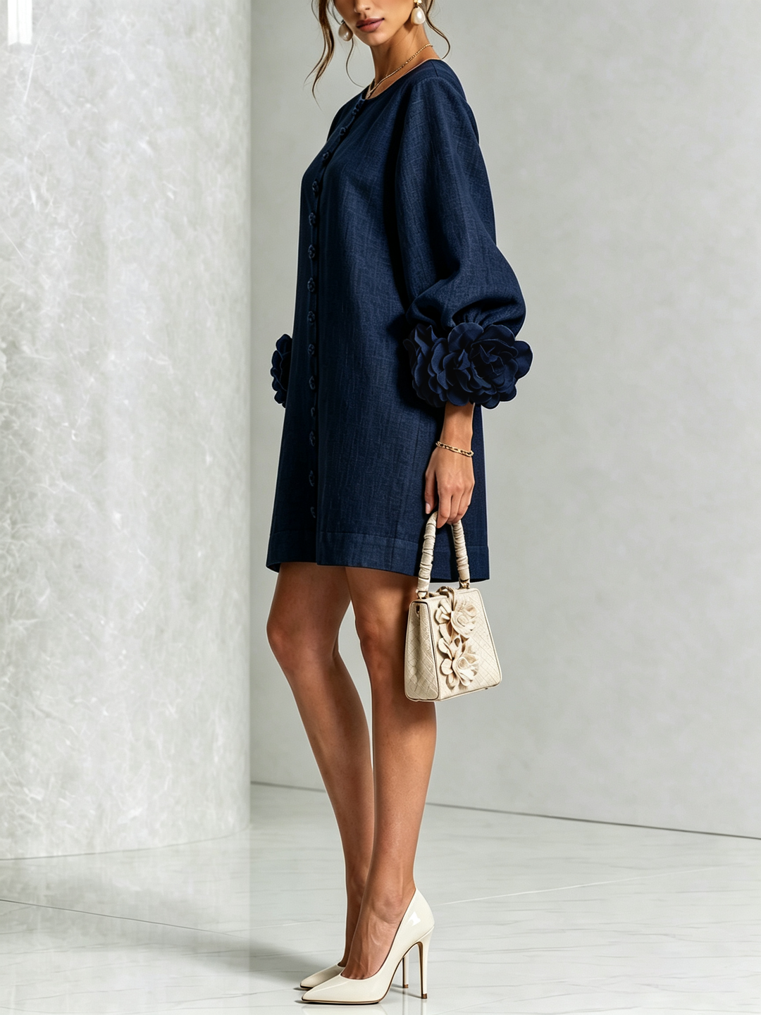 Marina | Linen Blend Mini Dress with Pink Cuffs