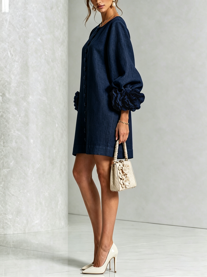 Marina | Linen Blend Mini Dress with Pink Cuffs