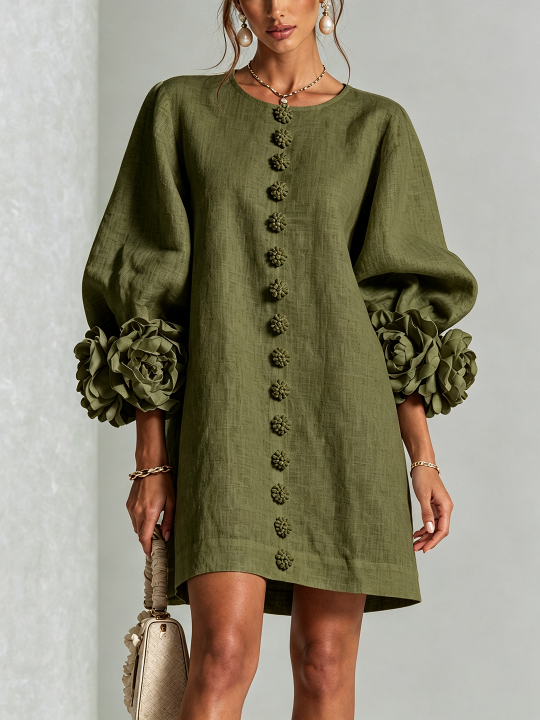 Gaia | Linen Blend Mini Dress with Pink Cuffs