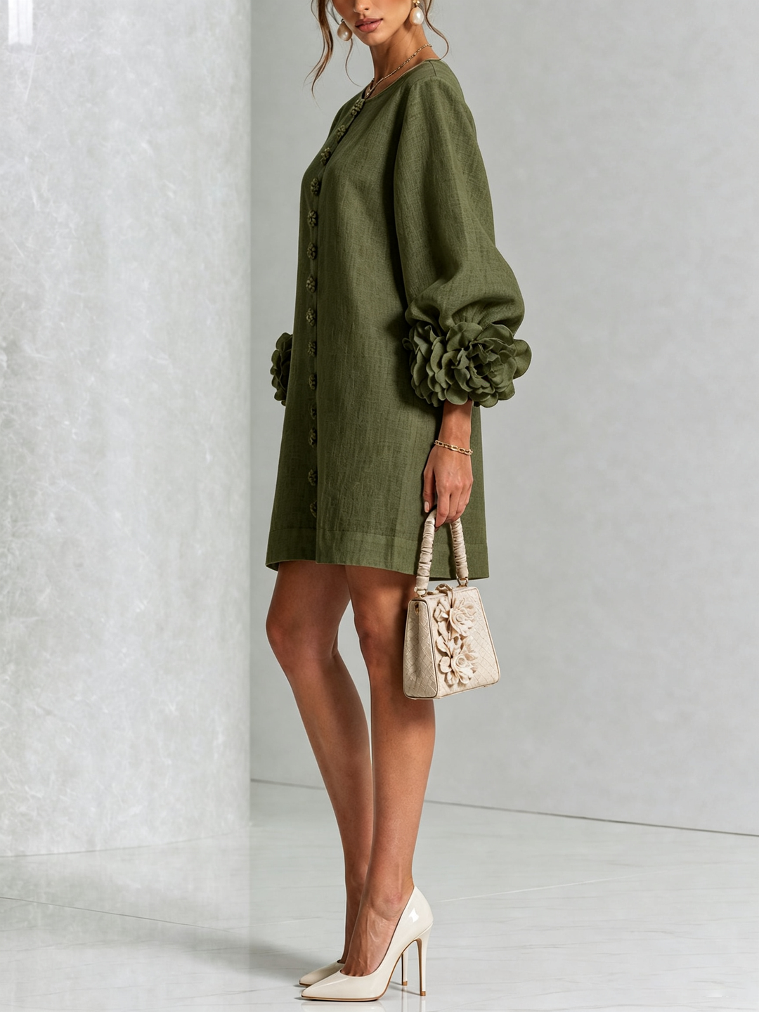 Gaia | Linen Blend Mini Dress with Pink Cuffs