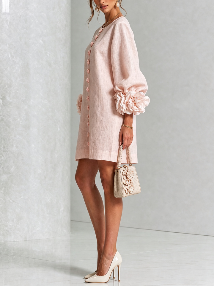 Noemi | Pink Cuffed Mini Dress in Linen Blend