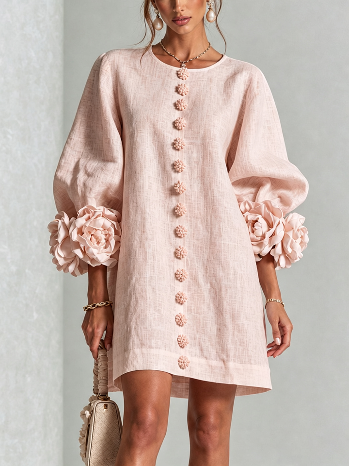 Noemi | Pink Cuffed Mini Dress in Linen Blend