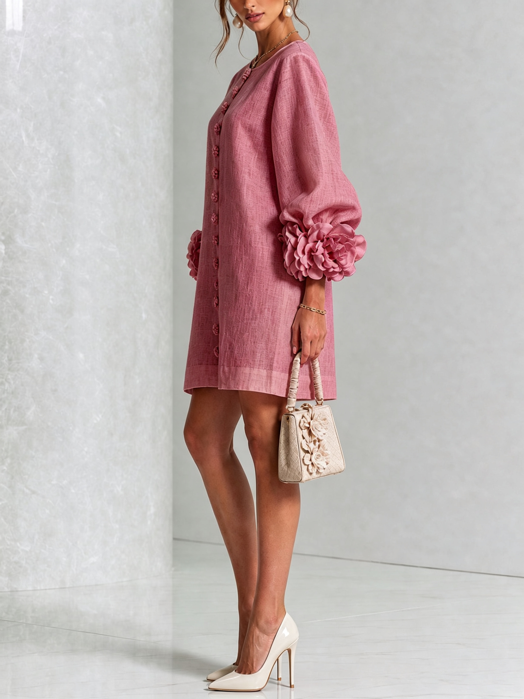 Alba | Linen Blend Mini Dress with Pink Cuffs in Antique Pink