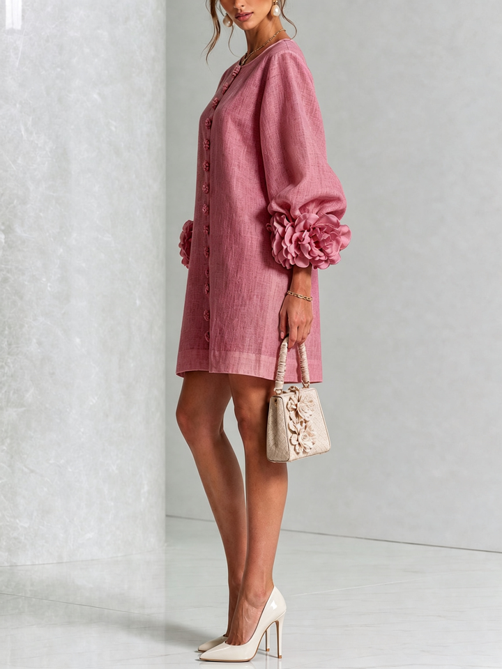 Alba | Linen Blend Mini Dress with Pink Cuffs in Antique Pink