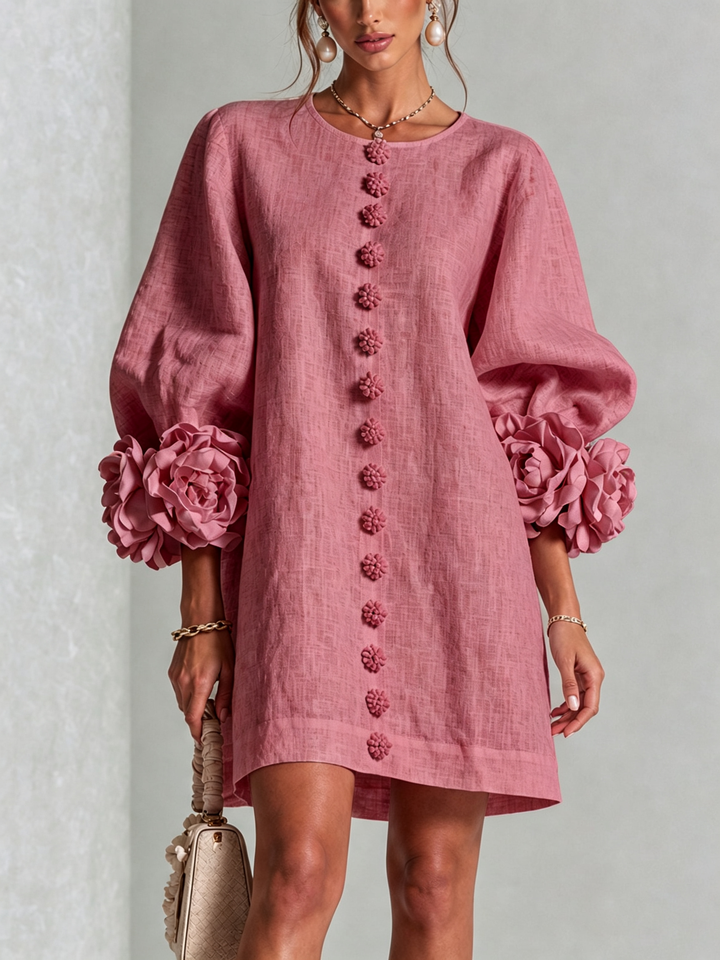 Alba | Linen Blend Mini Dress with Pink Cuffs in Antique Pink