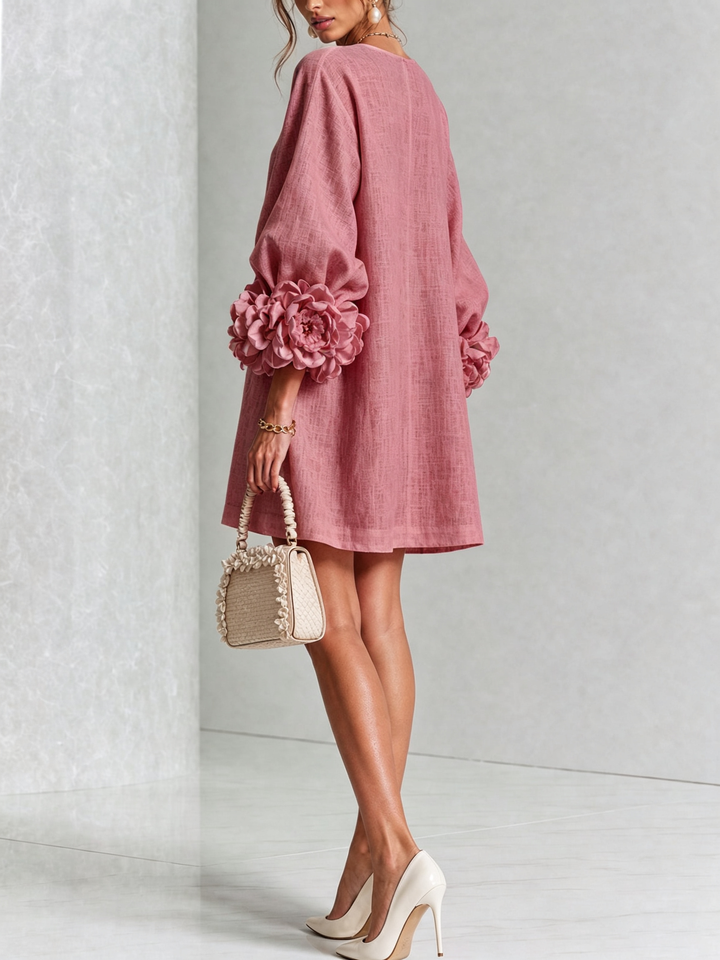 Alba | Linen Blend Mini Dress with Pink Cuffs in Antique Pink