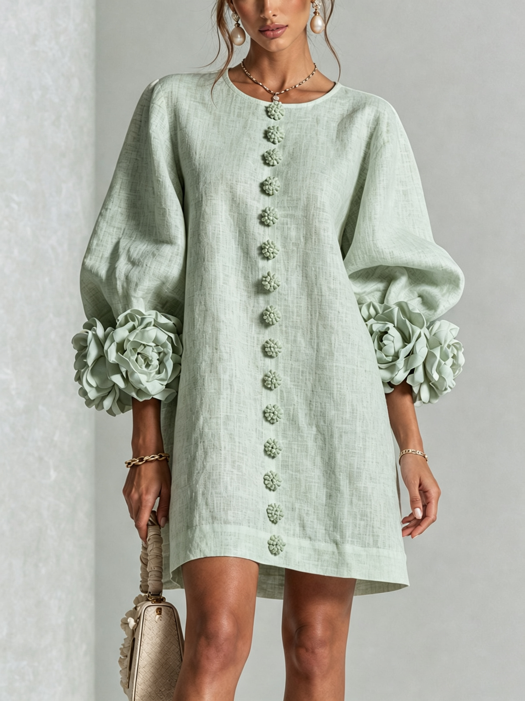Delia | Sage Green Linen Blend Mini Dress with Pink Cuffs