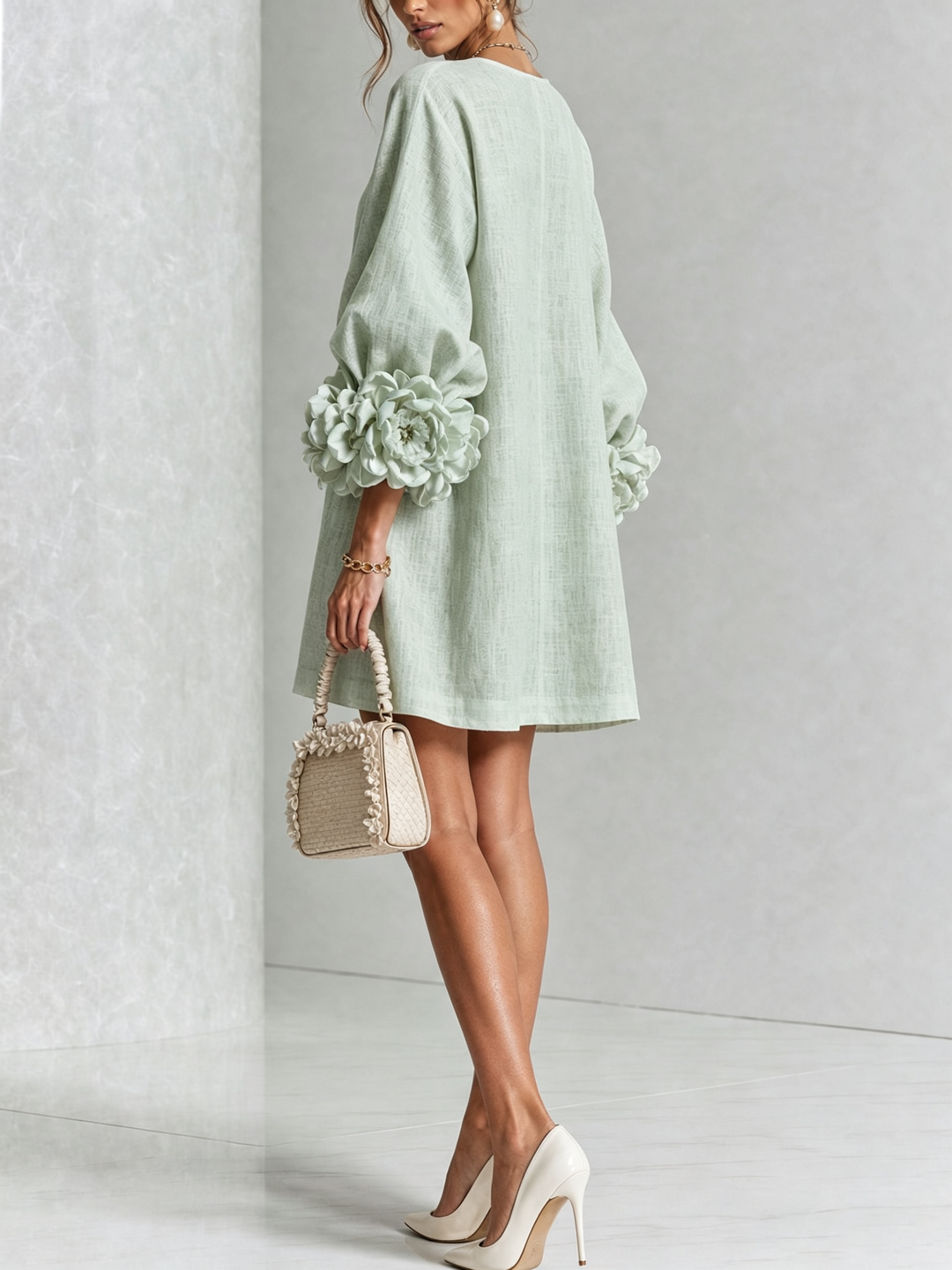 Delia | Sage Green Linen Blend Mini Dress with Pink Cuffs