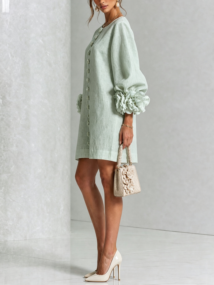Delia | Sage Green Linen Blend Mini Dress with Pink Cuffs