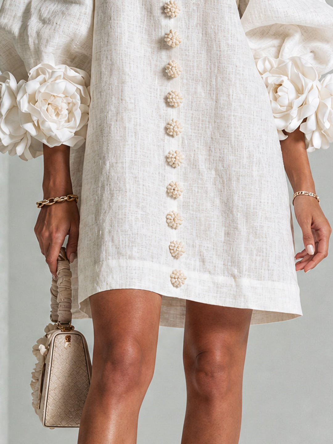 Kiara | White Mini Dress with Pink Linen Blend Cuffs