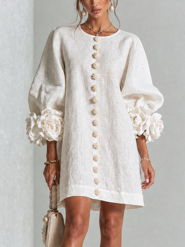 Kiara | White Mini Dress with Pink Linen Blend Cuffs