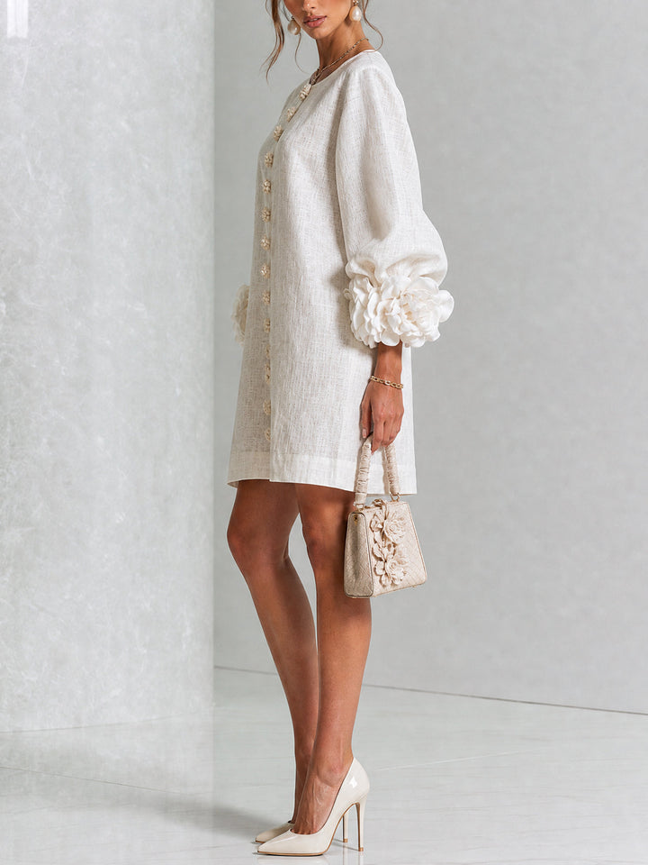 Kiara | White Mini Dress with Pink Linen Blend Cuffs