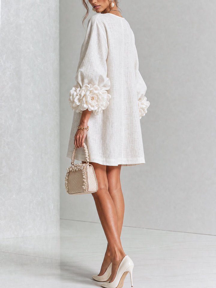 Kiara | White Mini Dress with Pink Linen Blend Cuffs