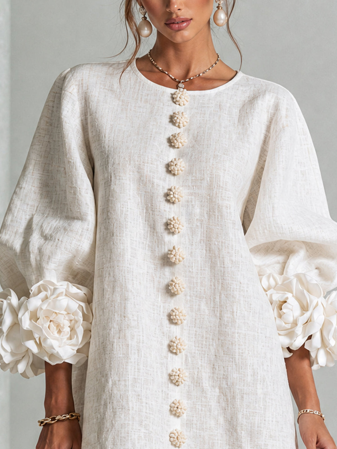 Kiara | White Mini Dress with Pink Linen Blend Cuffs