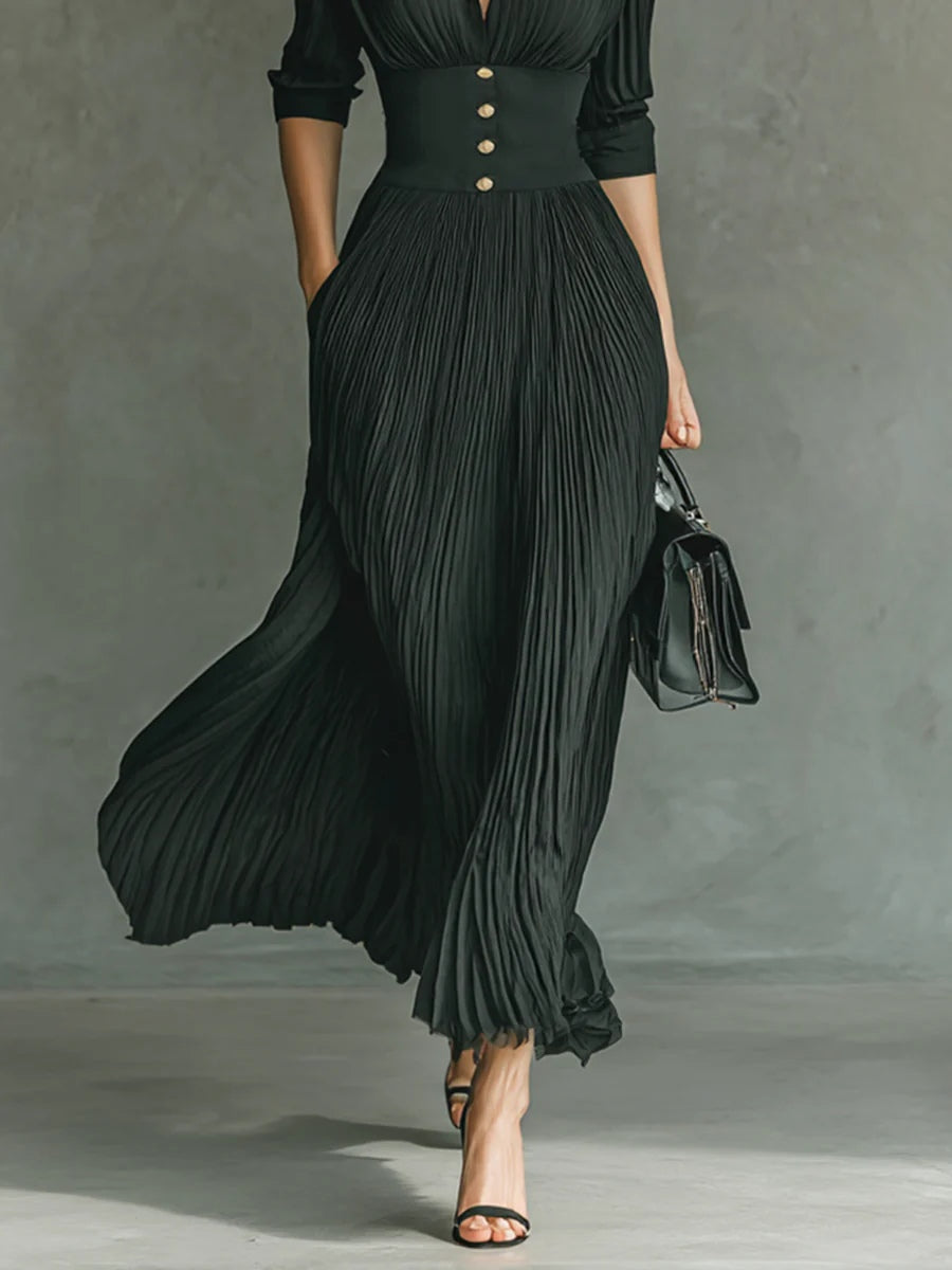 Faustína | Maxi Dress with Pleats, Notched Collar, and Belt