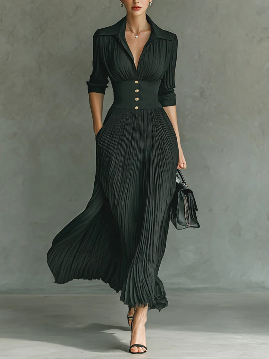 Faustína | Maxi Dress with Pleats, Notched Collar, and Belt