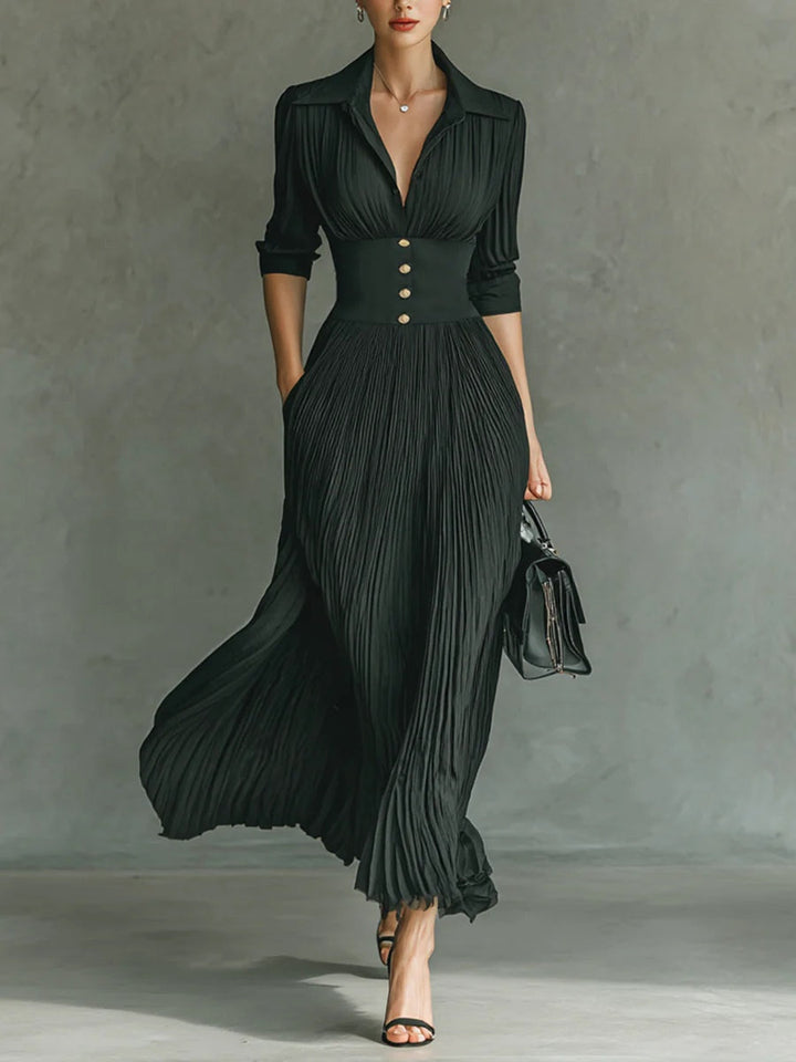 Faustína | Maxi Dress with Pleats, Notched Collar, and Belt
