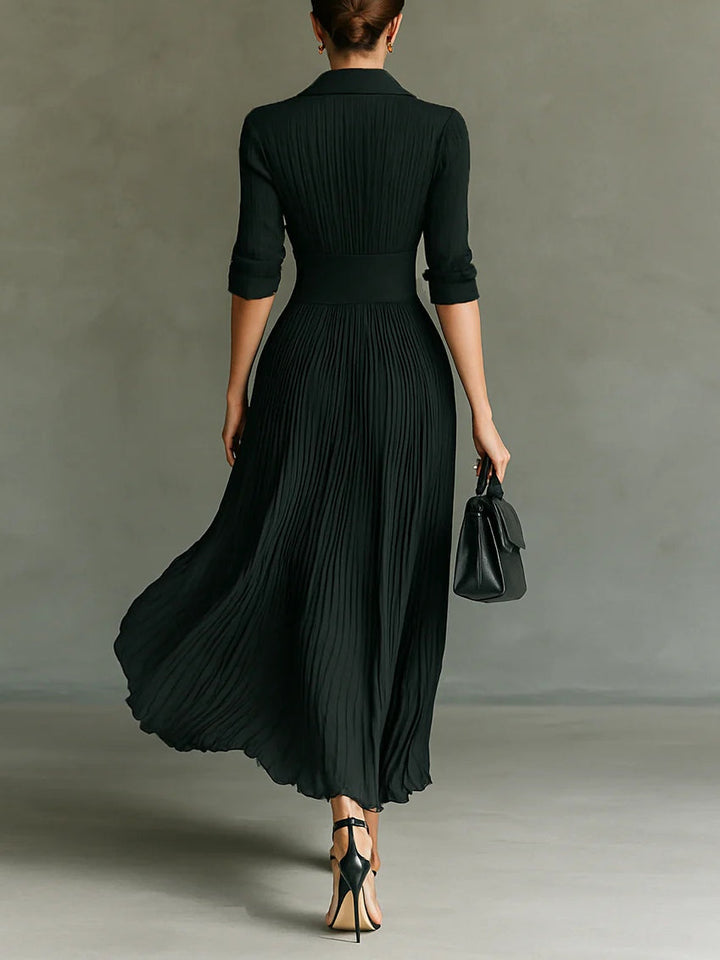 Faustína | Maxi Dress with Pleats, Notched Collar, and Belt