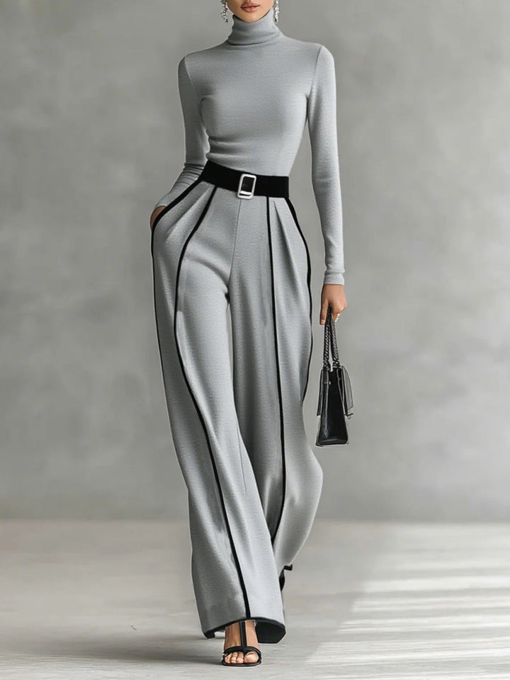 Chic Two-Piece Ensemble Featuring Stand-Up Collar and Wide-Leg Trousers