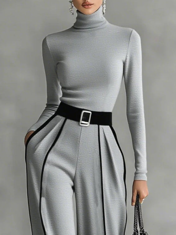 Chic Two-Piece Ensemble Featuring Stand-Up Collar and Wide-Leg Trousers