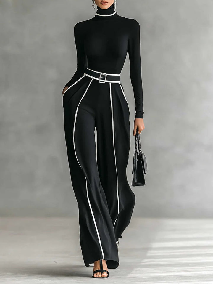 High-Collared Black Set with Contrasting Trim