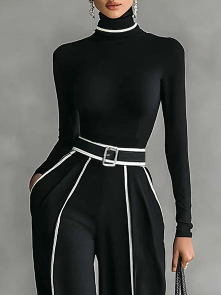 Chic Two-Piece Ensemble Featuring Stand-Up Collar and Wide-Leg Trousers