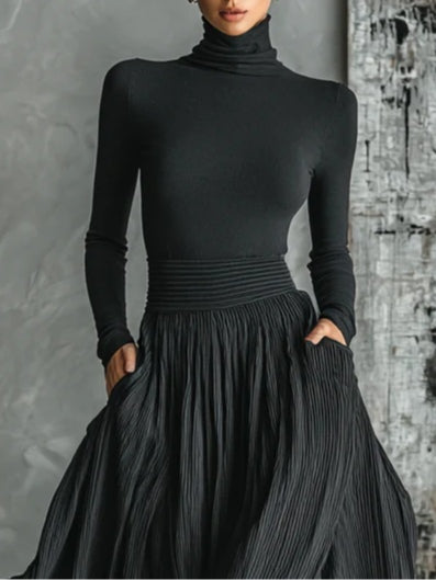 Black Pleated Skirt and Roll-Neck Top Set