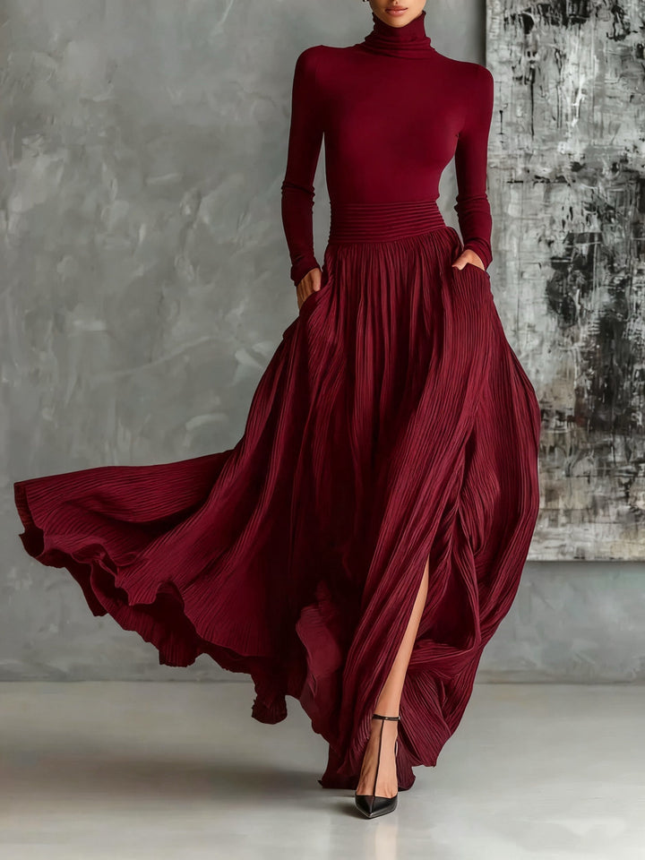 Black Pleated Skirt and Roll-Neck Top Set