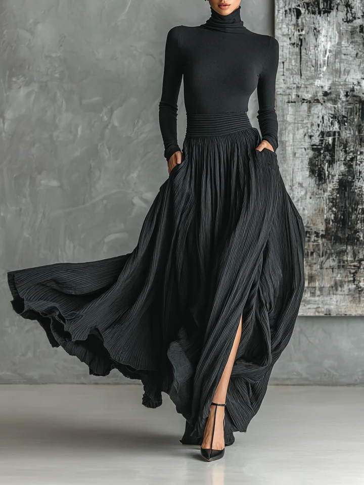 Black Pleated Skirt and Roll-Neck Top Set