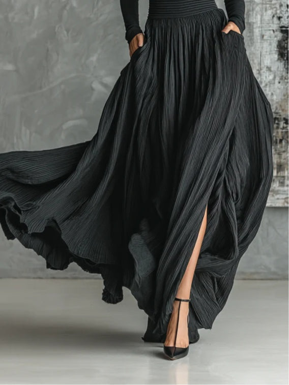 Black Pleated Skirt and Roll-Neck Top Set