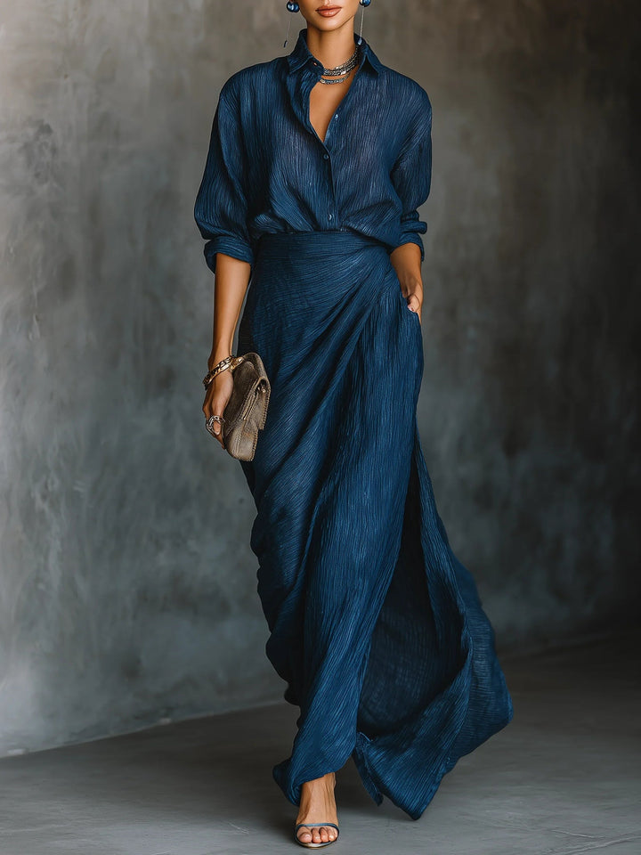 Chic Two-Piece Ensemble Featuring a Flowing Skirt and Shirt-Style Blouse