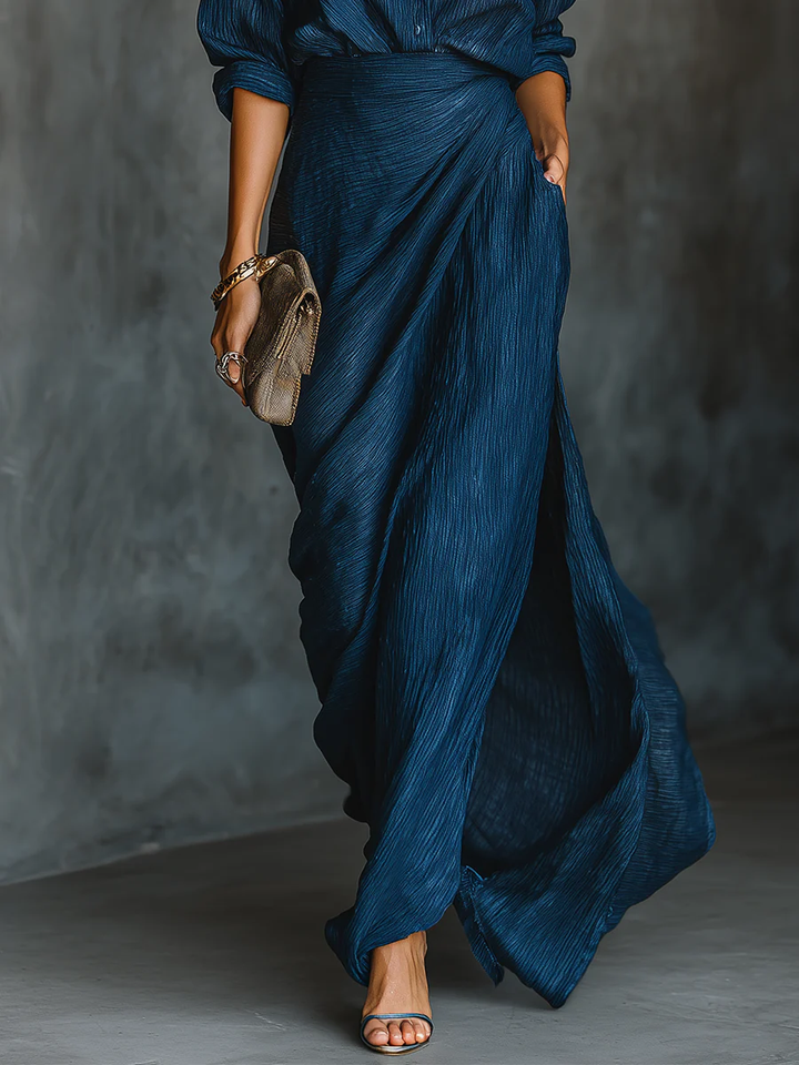Chic Two-Piece Ensemble Featuring a Flowing Skirt and Shirt-Style Blouse
