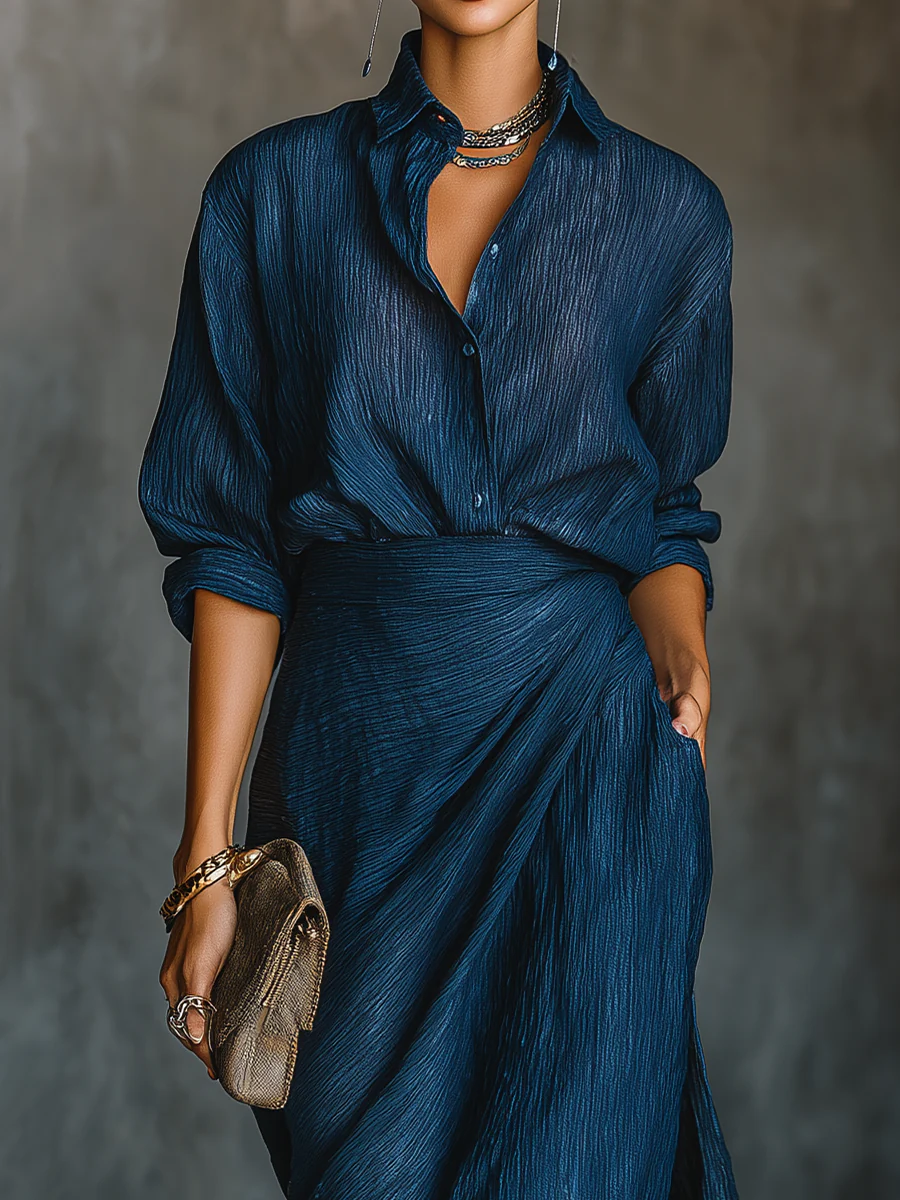 Chic Two-Piece Ensemble Featuring a Flowing Skirt and Shirt-Style Blouse