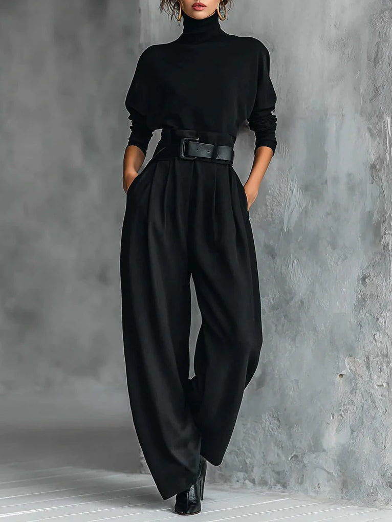 Black Roll Neck Top and Straight-Leg Trouser Set