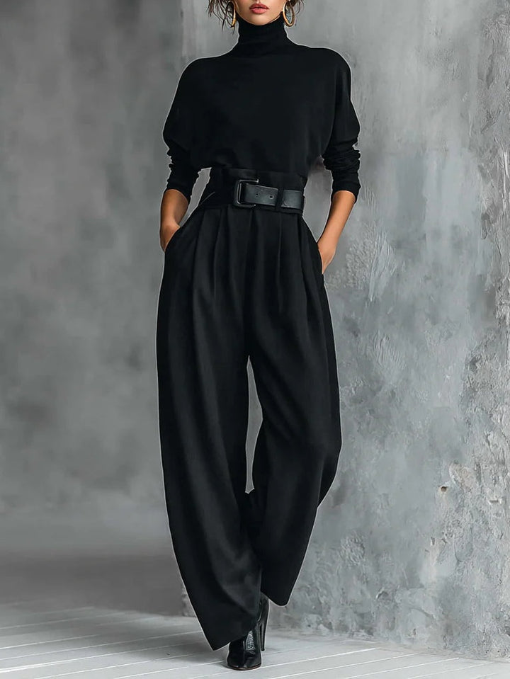 Black Roll Neck Top and Straight-Leg Trouser Set