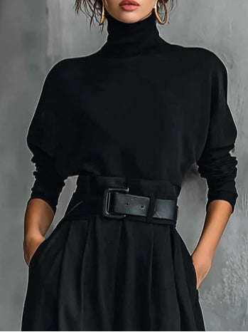 Black Roll Neck Top and Straight-Leg Trouser Set