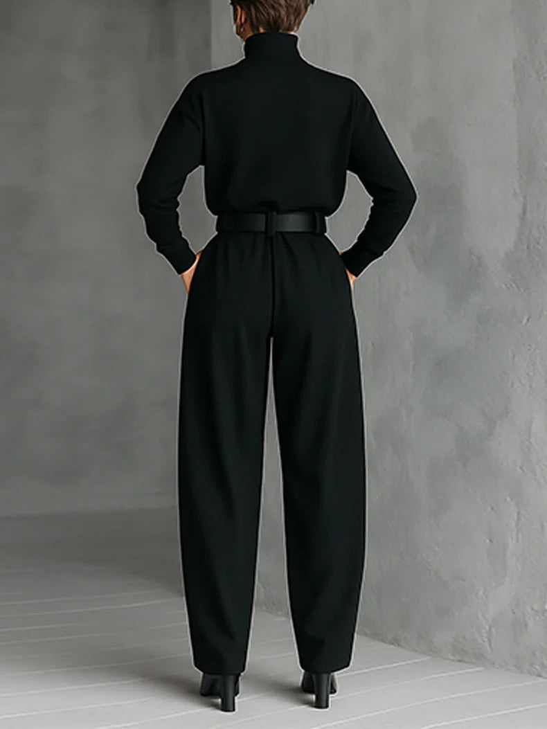 Black Roll Neck Top and Straight-Leg Trouser Set