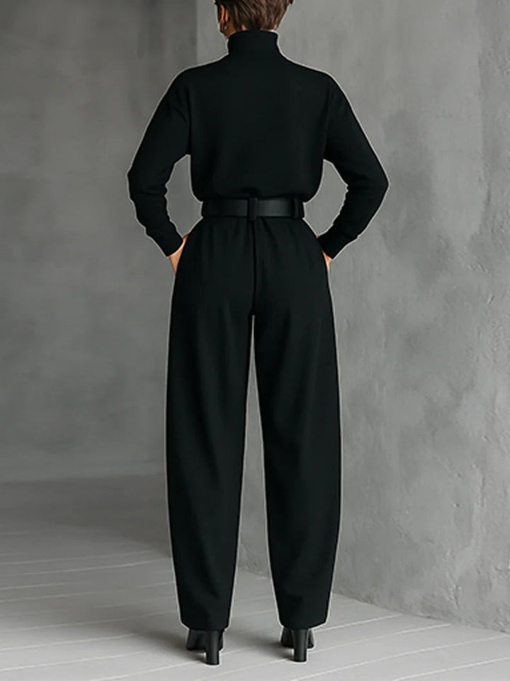 Black Roll Neck Top and Straight-Leg Trouser Set
