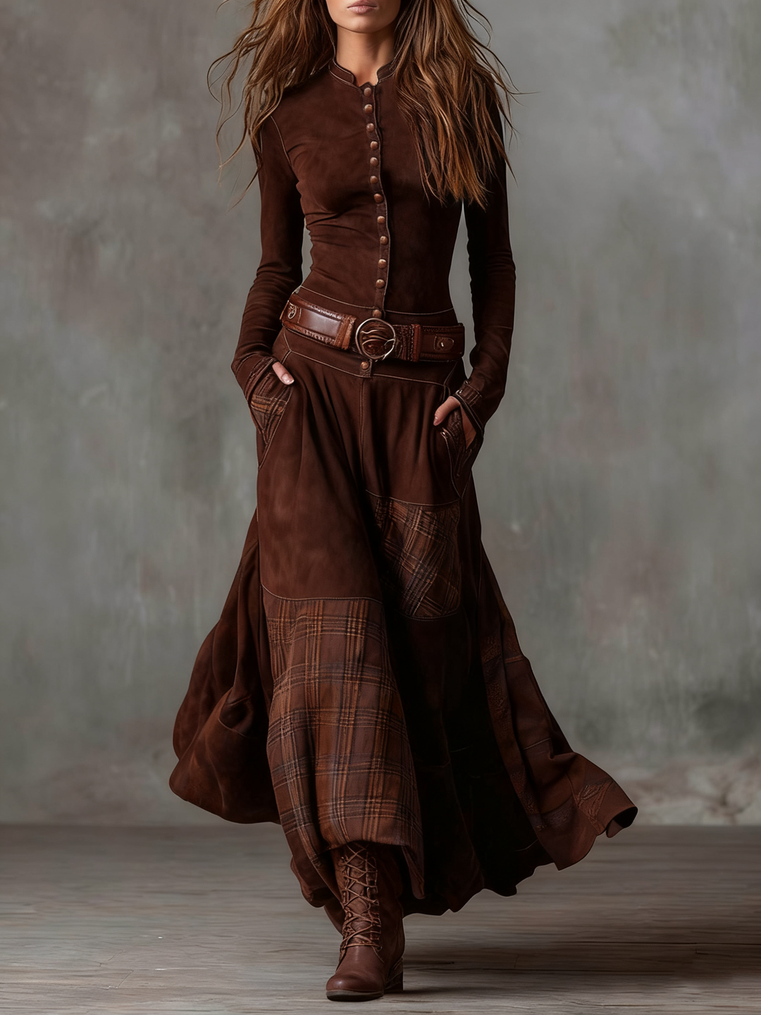 Živa | Belted Maxi Dress with Checkered Panels