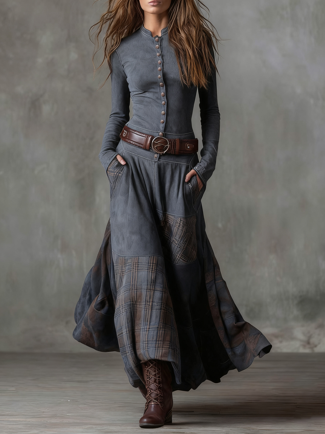 Živa | Belted Maxi Dress with Checkered Panels