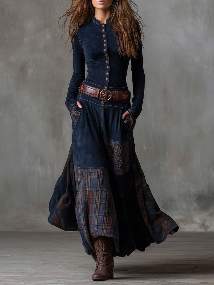 Živa | Belted Maxi Dress with Checkered Panels