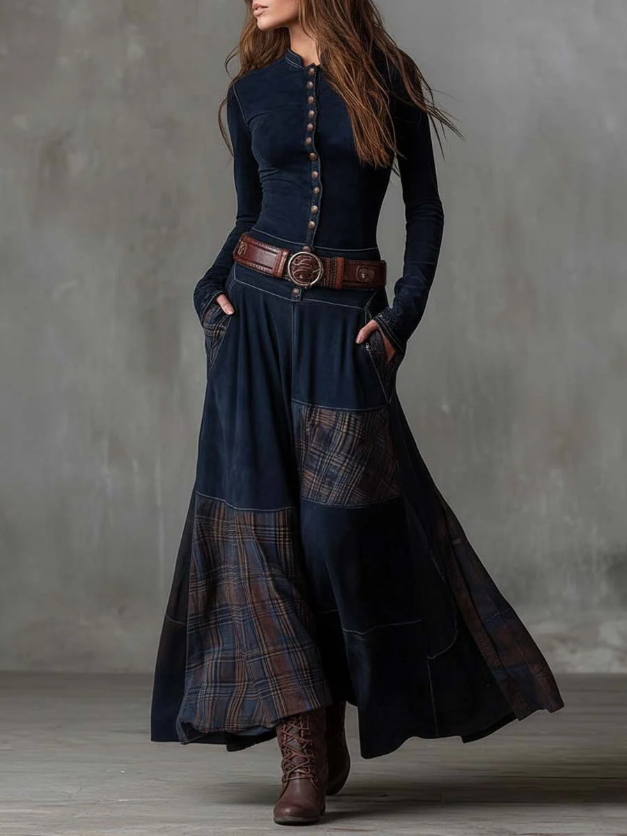 Živa | Belted Maxi Dress with Checkered Panels