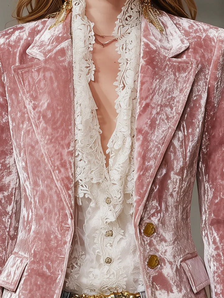 Vintage Pink Velvet Blazer with Gold Buttons