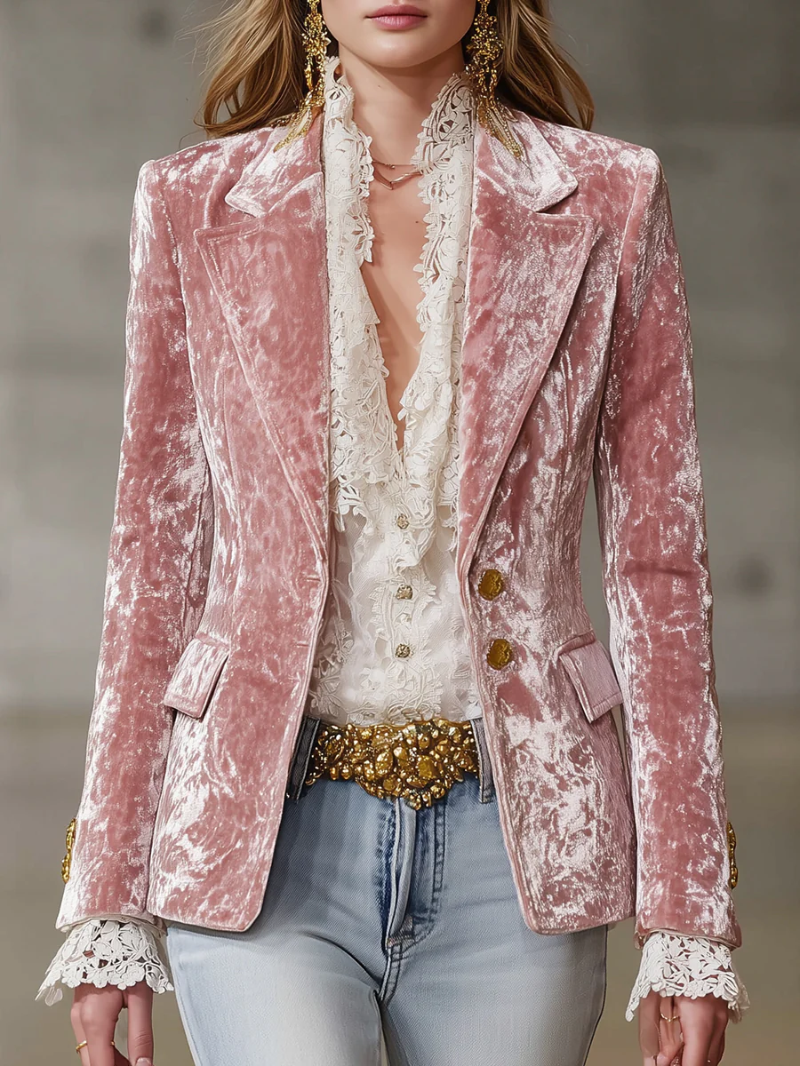 Vintage Pink Velvet Blazer with Gold Buttons