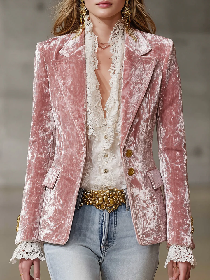 Vintage Pink Velvet Blazer with Gold Buttons