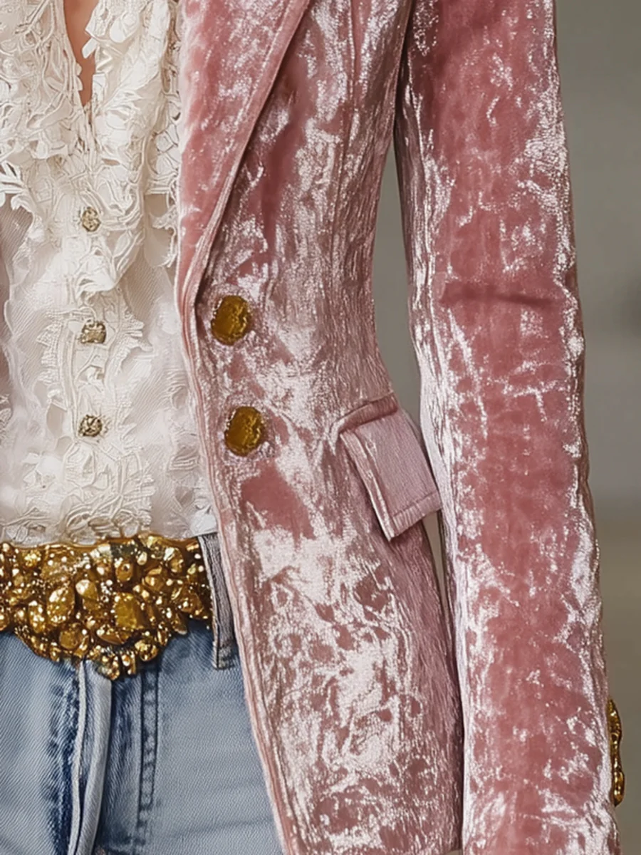 Vintage Pink Velvet Blazer with Gold Buttons