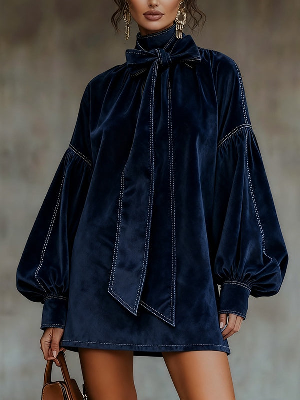 Rozina | Bow-Neck Mini Dress with Balloon Sleeves