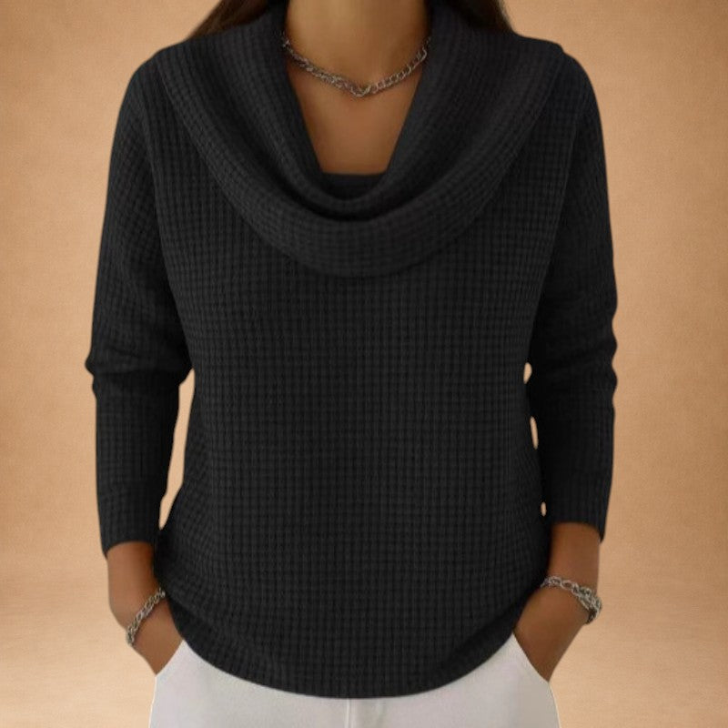Marina – Warm Knitted Top with Waffle Texture and Elegant Draped Collar